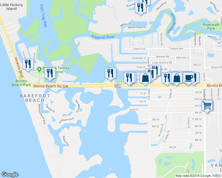 map of restaurants, bars, coffee shops, grocery stores, and more near 4835 Bonita Beach Road Southwest in Bonita Springs