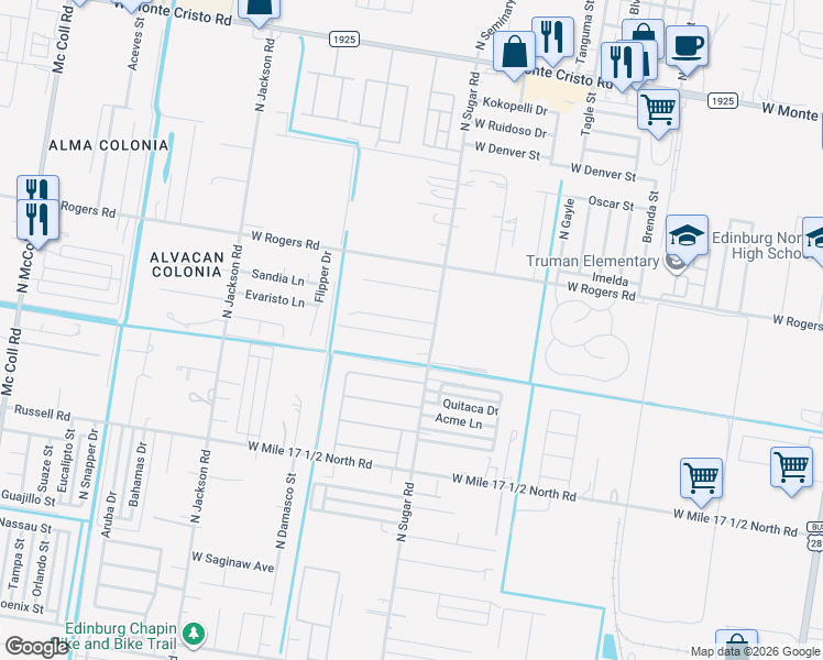 map of restaurants, bars, coffee shops, grocery stores, and more near 2513 North Sugar Road in Edinburg
