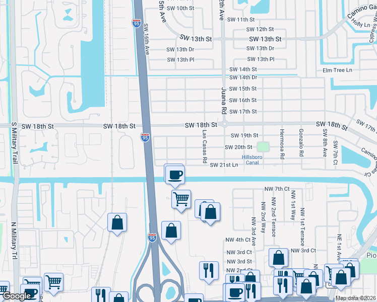 map of restaurants, bars, coffee shops, grocery stores, and more near 1381 Southwest 21st Street in Boca Raton