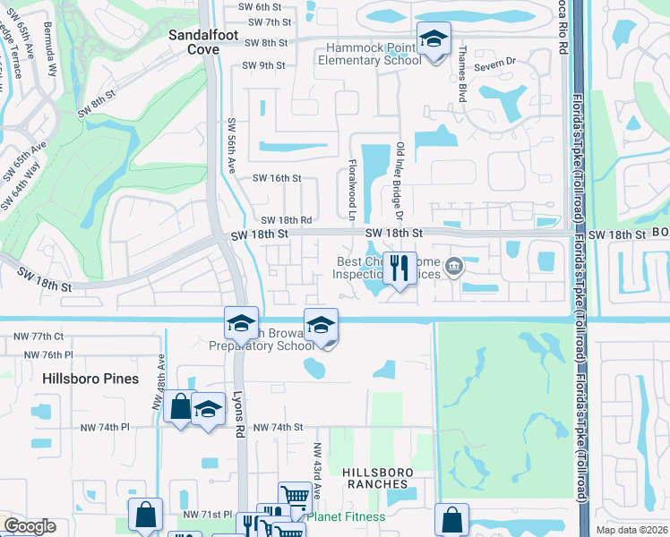 map of restaurants, bars, coffee shops, grocery stores, and more near 23368 Southwest 53rd Avenue in Boca Raton
