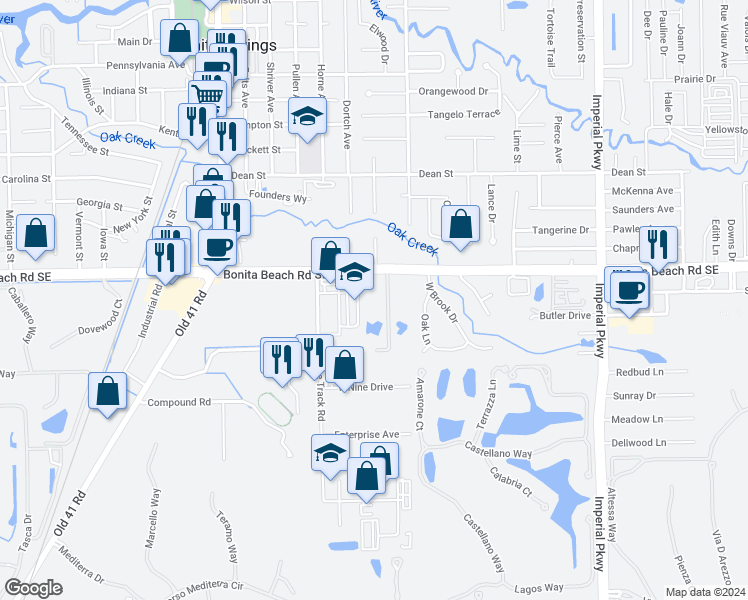 map of restaurants, bars, coffee shops, grocery stores, and more near 28121 Pine Haven Way in Bonita Springs