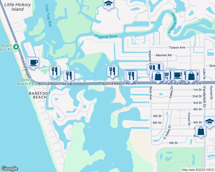 map of restaurants, bars, coffee shops, grocery stores, and more near 4895 Bonita Beach Road in Bonita Springs