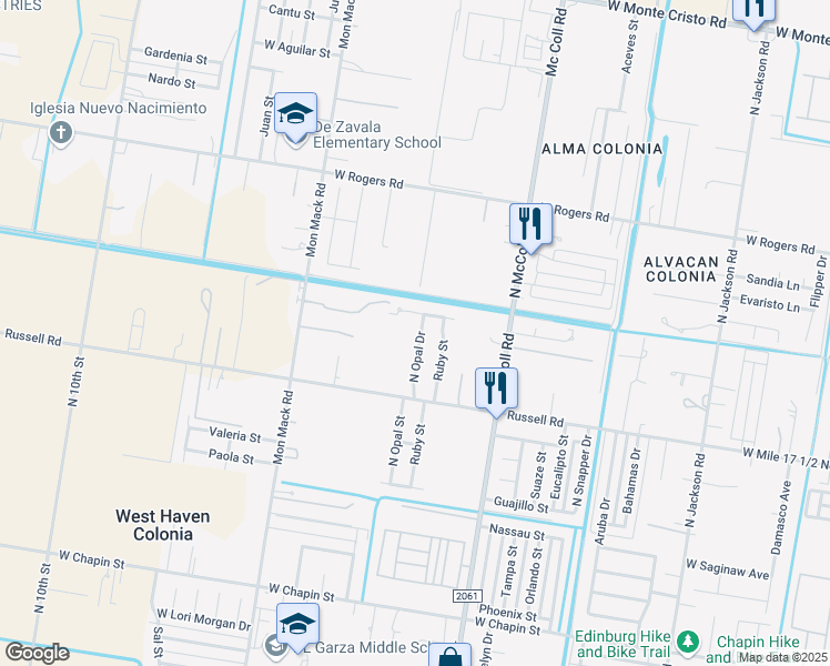 map of restaurants, bars, coffee shops, grocery stores, and more near 2415 North Opal Street in Edinburg