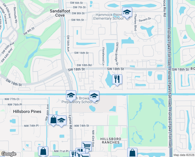 map of restaurants, bars, coffee shops, grocery stores, and more near 23368 Southwest 53rd Avenue in Boca Raton