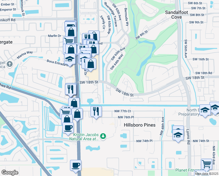 map of restaurants, bars, coffee shops, grocery stores, and more near 23344 Carolwood Lane in Boca Raton