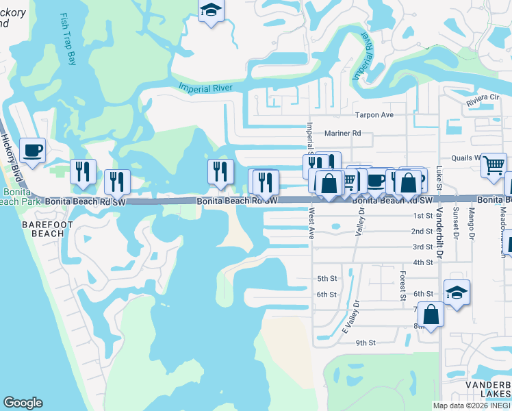 map of restaurants, bars, coffee shops, grocery stores, and more near 4751 Bonita Beach Road Southwest in Bonita Springs