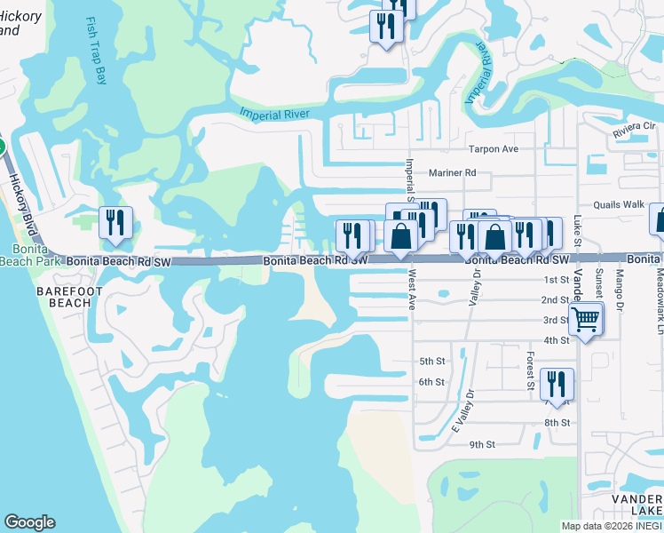 map of restaurants, bars, coffee shops, grocery stores, and more near 4751 Bonita Beach Road Southwest in Bonita Springs