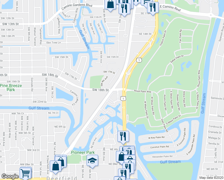 map of restaurants, bars, coffee shops, grocery stores, and more near SW 18th St & Royal Palm Way in Boca Raton