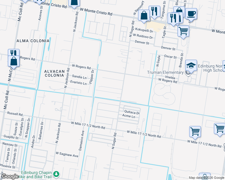 map of restaurants, bars, coffee shops, grocery stores, and more near 2513 North Sugar Road in Edinburg