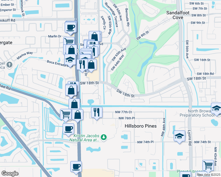 map of restaurants, bars, coffee shops, grocery stores, and more near 23344 Carolwood Lane in Boca Raton