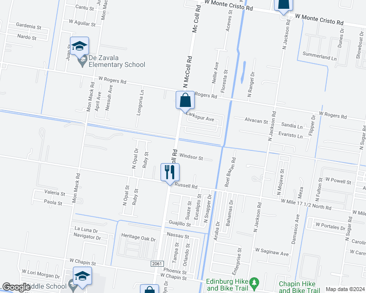 map of restaurants, bars, coffee shops, grocery stores, and more near 2500 North McColl Road in Edinburg