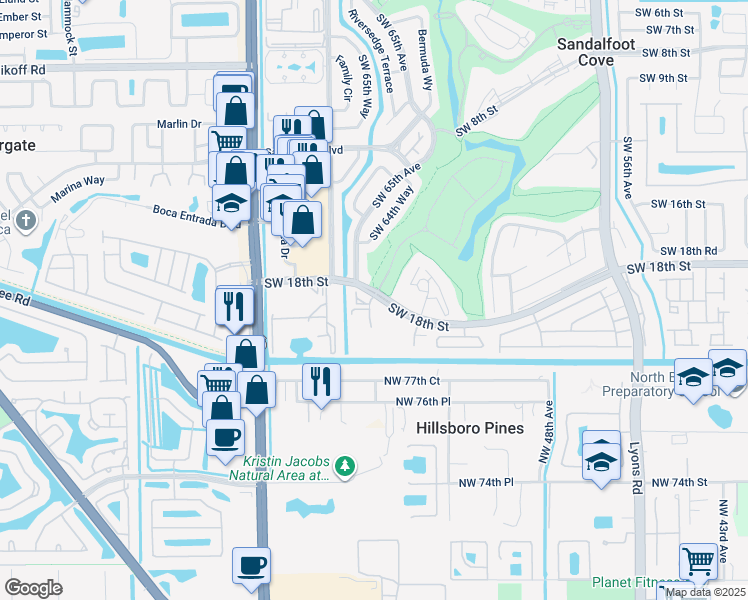 map of restaurants, bars, coffee shops, grocery stores, and more near 23344 Carolwood Lane in Boca Raton