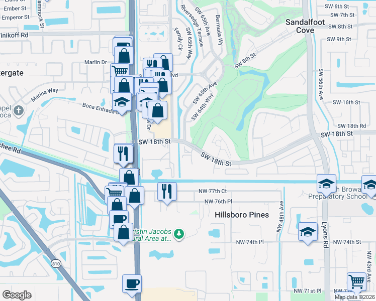 map of restaurants, bars, coffee shops, grocery stores, and more near 23345 Carolwood Lane in Boca Raton