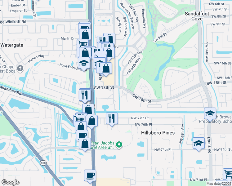 map of restaurants, bars, coffee shops, grocery stores, and more near 23345 Carolwood Lane in Boca Raton