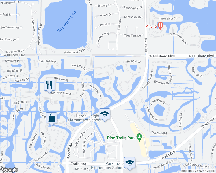 map of restaurants, bars, coffee shops, grocery stores, and more near 8087 Northwest 109th Lane in Parkland