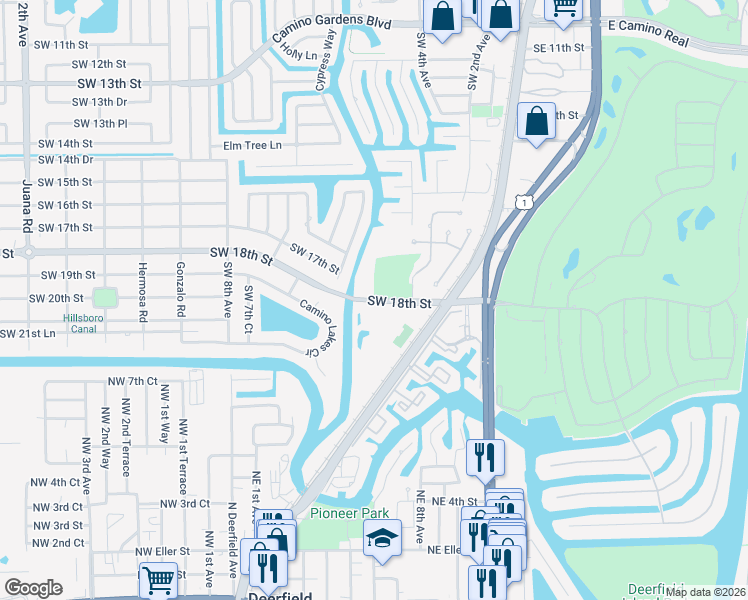 map of restaurants, bars, coffee shops, grocery stores, and more near 343 Southwest 18th Street in Boca Raton