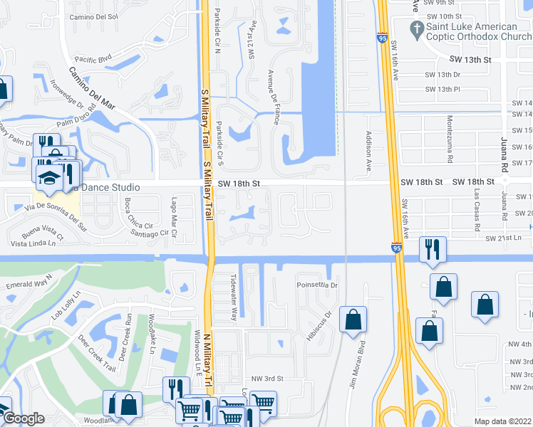 map of restaurants, bars, coffee shops, grocery stores, and more near 23265 Water Circle in Boca Raton