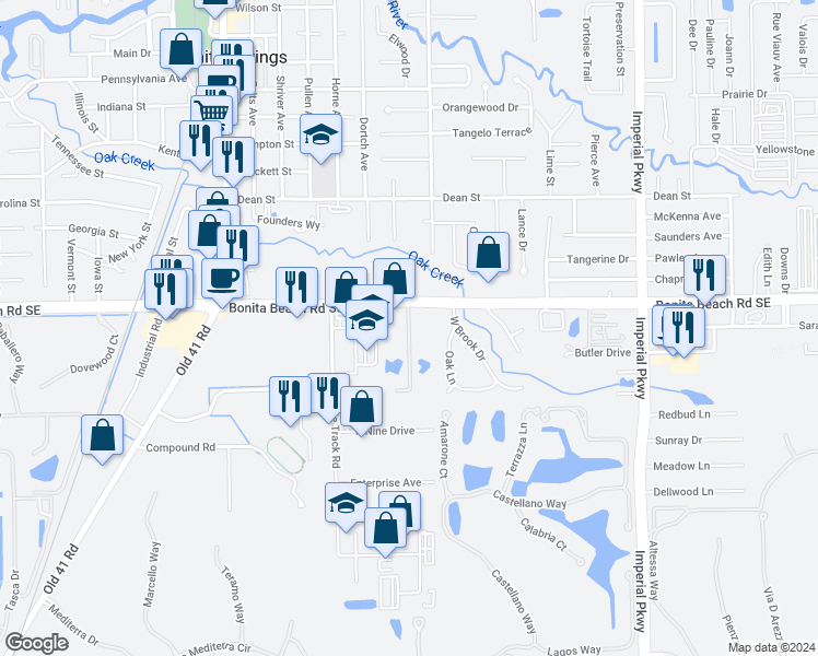 map of restaurants, bars, coffee shops, grocery stores, and more near 28181 Pine Haven Way in Bonita Springs