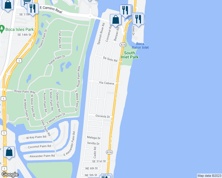 map of restaurants, bars, coffee shops, grocery stores, and more near 850 Via Cabana in Boca Raton