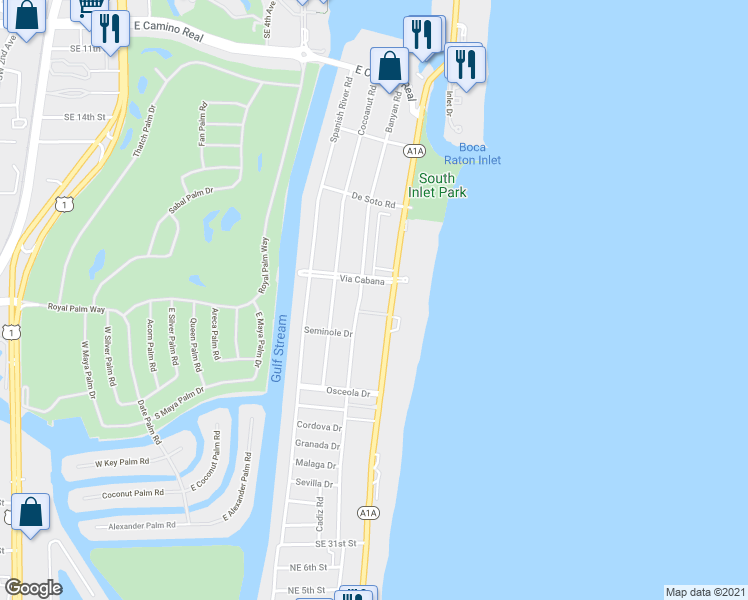 map of restaurants, bars, coffee shops, grocery stores, and more near 1401 South Ocean Boulevard in Boca Raton