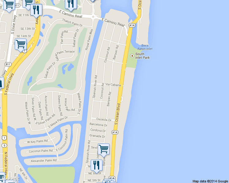 map of restaurants, bars, coffee shops, grocery stores, and more near 850 Via Cabana in Boca Raton