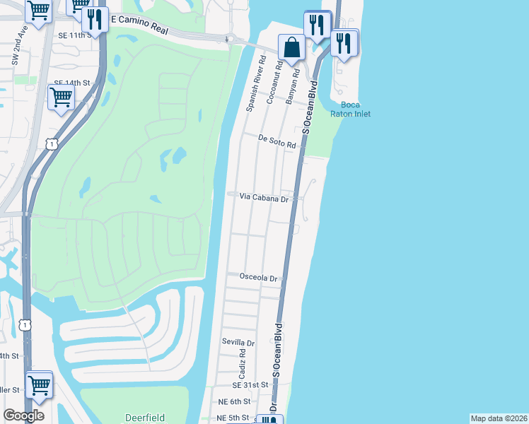 map of restaurants, bars, coffee shops, grocery stores, and more near 850 Via Cabana in Boca Raton
