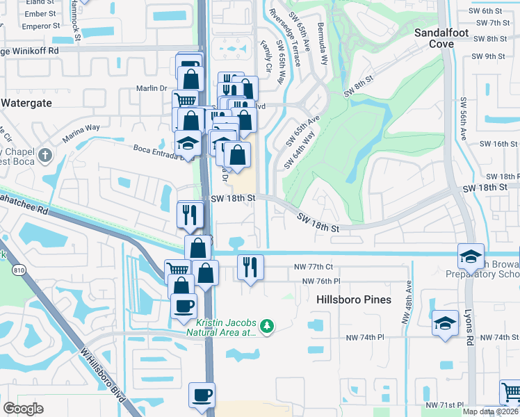 map of restaurants, bars, coffee shops, grocery stores, and more near in Sandalfoot Cove