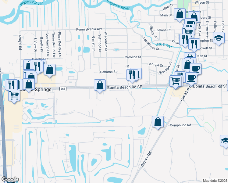 map of restaurants, bars, coffee shops, grocery stores, and more near 9776 County Road 865 in Bonita Springs