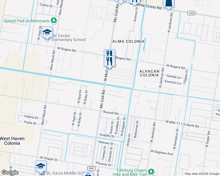 map of restaurants, bars, coffee shops, grocery stores, and more near 2802 Primrose Avenue in Edinburg