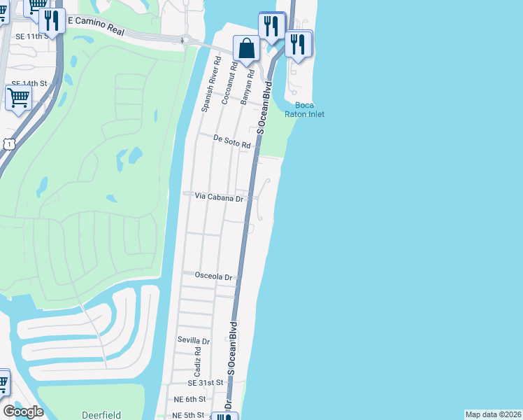 map of restaurants, bars, coffee shops, grocery stores, and more near 1299 Via Cabana in Boca Raton