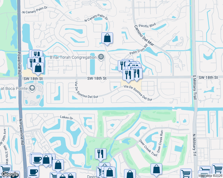 map of restaurants, bars, coffee shops, grocery stores, and more near 23298 La Vida Way in Boca Raton