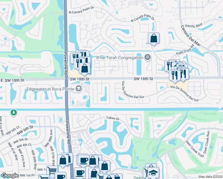 map of restaurants, bars, coffee shops, grocery stores, and more near 6495 Brava Way in Boca Raton