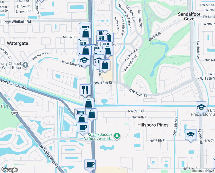 map of restaurants, bars, coffee shops, grocery stores, and more near 9825 Southwest 18th Street in Boca Raton