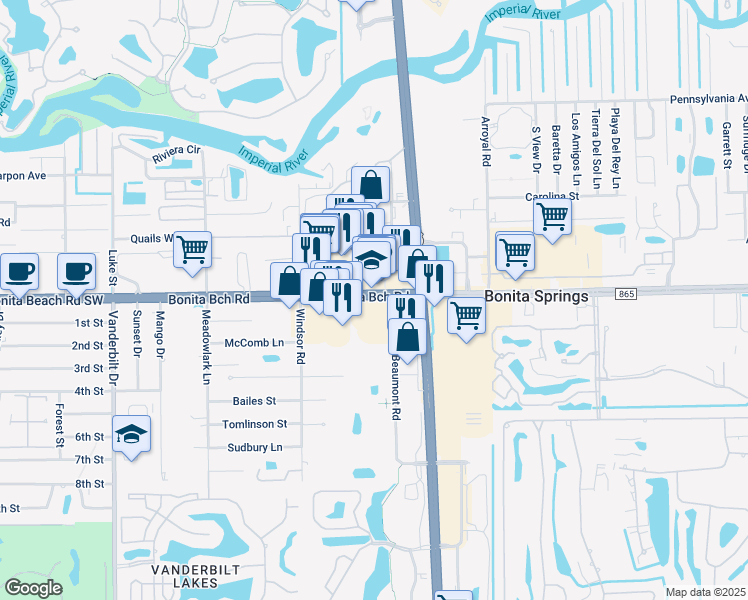 map of restaurants, bars, coffee shops, grocery stores, and more near 3301 County Road 865 in Bonita Springs