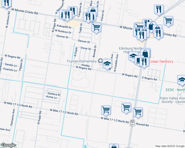 map of restaurants, bars, coffee shops, grocery stores, and more near 802 West Rogers Road in Edinburg