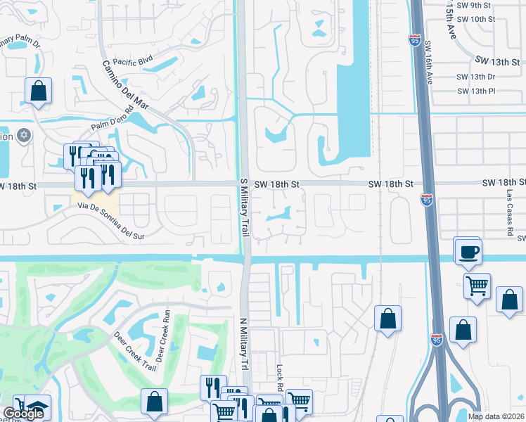 map of restaurants, bars, coffee shops, grocery stores, and more near 23465 Water Circle in Boca Raton