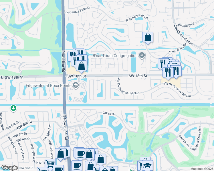 map of restaurants, bars, coffee shops, grocery stores, and more near 6495 Brava Way in Boca Raton