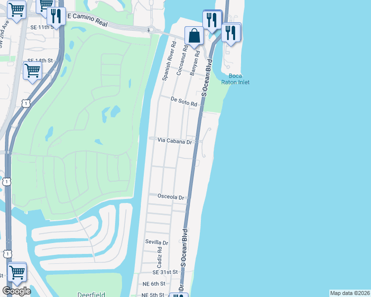 map of restaurants, bars, coffee shops, grocery stores, and more near 850 Via Cabana in Boca Raton