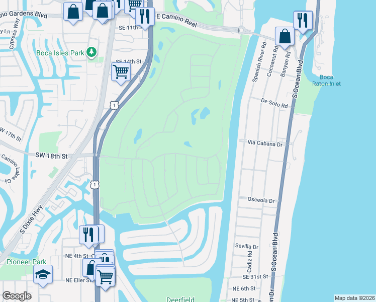 map of restaurants, bars, coffee shops, grocery stores, and more near 385 Royal Palm Way in Boca Raton