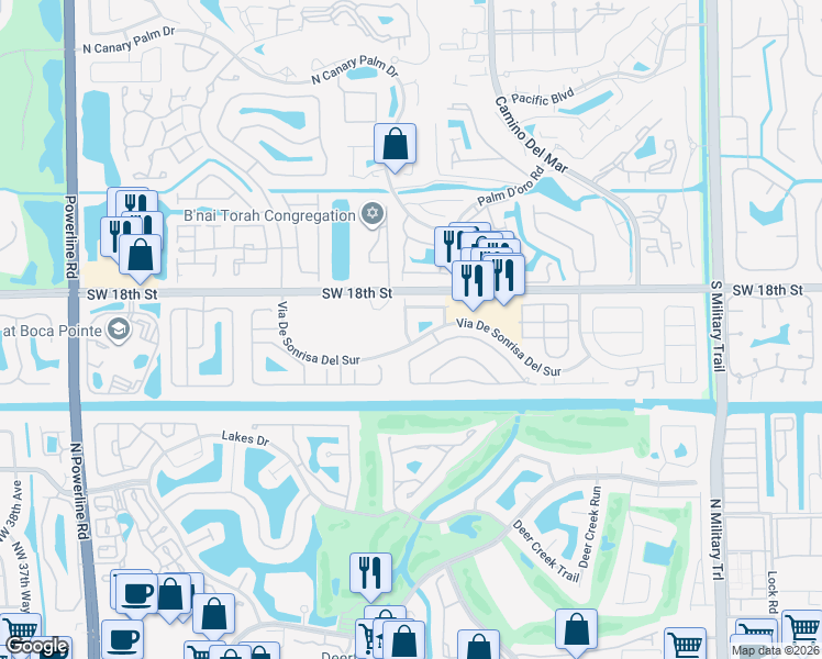 map of restaurants, bars, coffee shops, grocery stores, and more near 23298 La Vida Way in Boca Raton