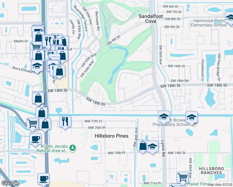map of restaurants, bars, coffee shops, grocery stores, and more near 23223 Southwest 61st Avenue in Boca Raton