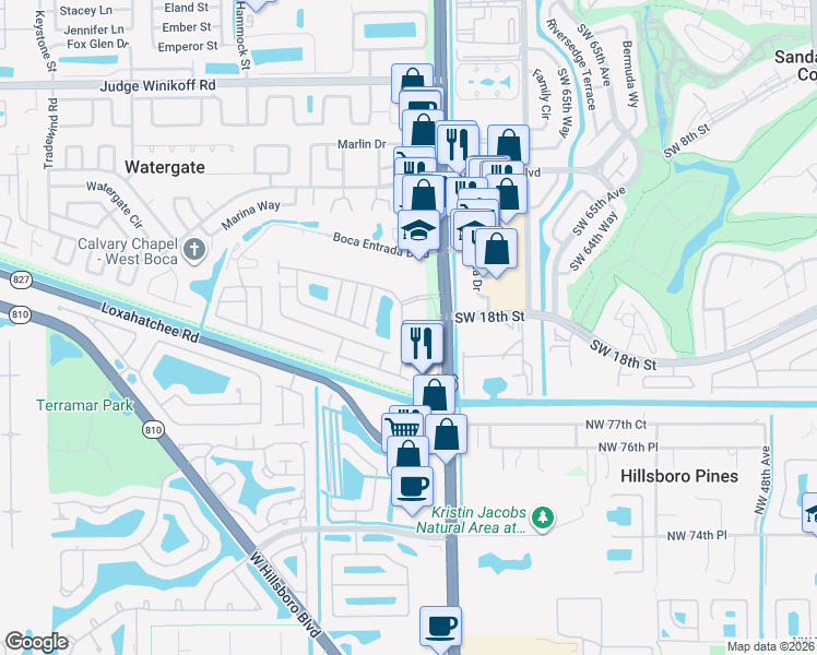 map of restaurants, bars, coffee shops, grocery stores, and more near 23392 Serene Meadow Drive South in Boca Raton