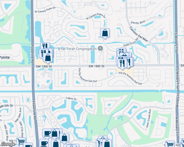 map of restaurants, bars, coffee shops, grocery stores, and more near 6347 Via De Sonrisa Del Sur in Boca Raton