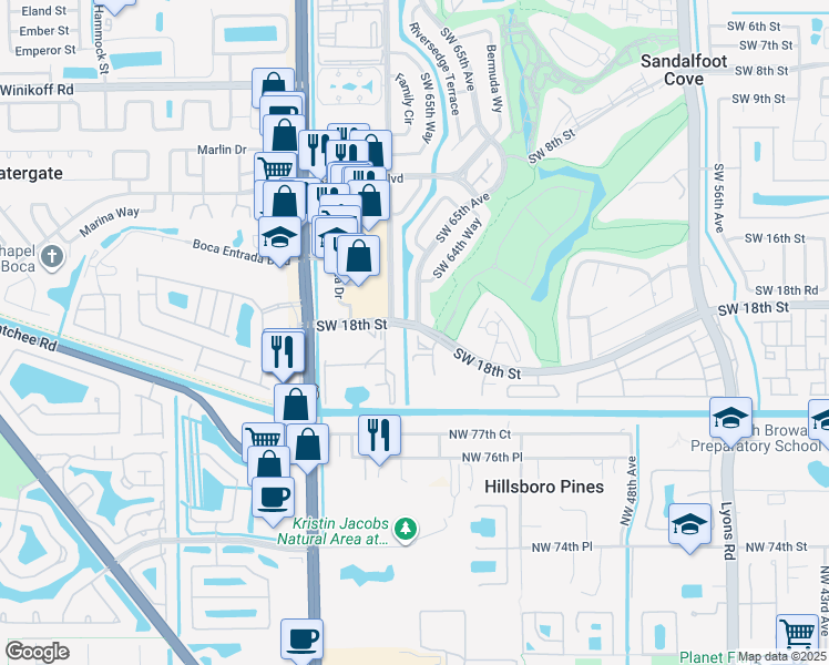 map of restaurants, bars, coffee shops, grocery stores, and more near 23345 Carolwood Lane in Boca Raton