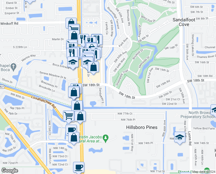 map of restaurants, bars, coffee shops, grocery stores, and more near 23344 Carolwood Lane in Boca Raton