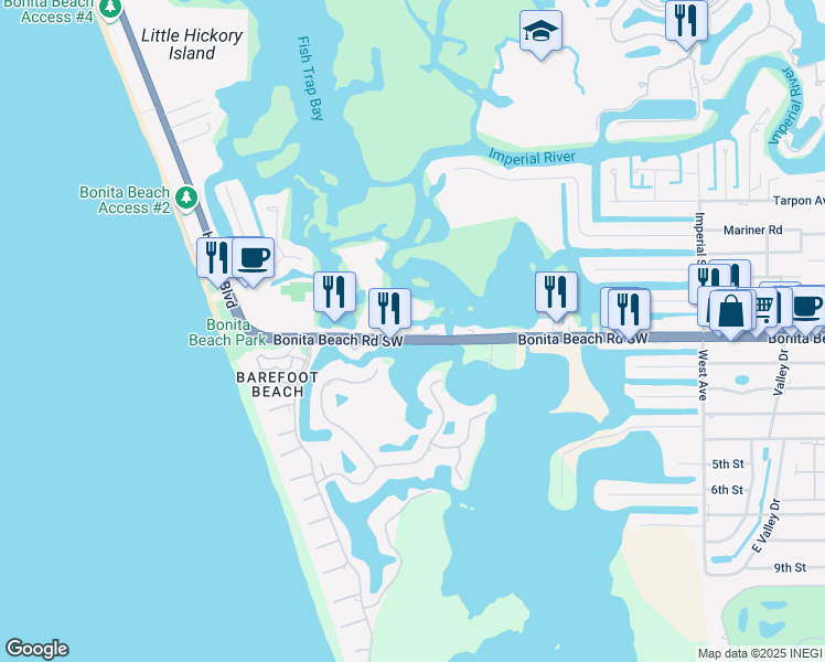 map of restaurants, bars, coffee shops, grocery stores, and more near 5220 Bonita Beach Rd in Bonita Springs