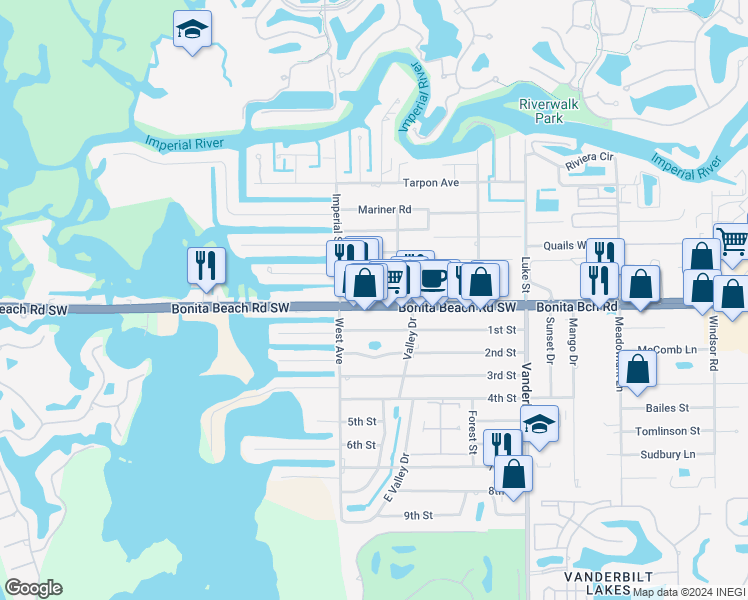 map of restaurants, bars, coffee shops, grocery stores, and more near 4449 Chickee Hut Court in Bonita Springs