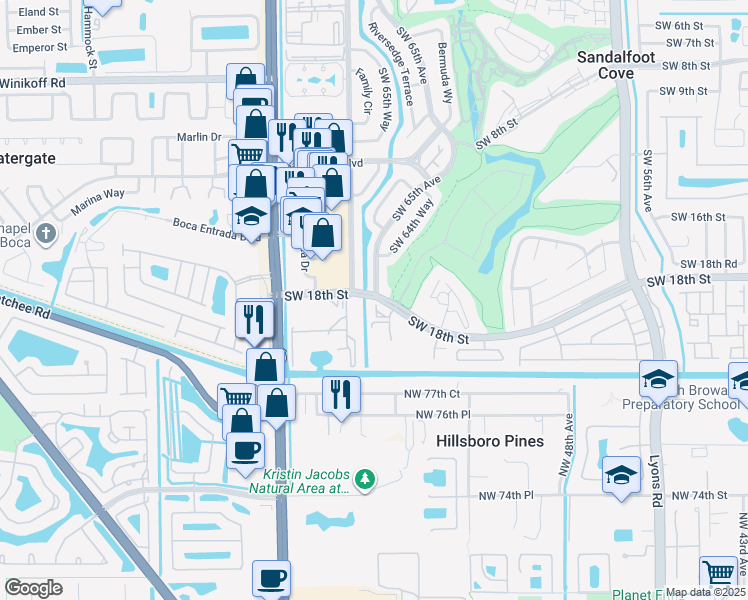 map of restaurants, bars, coffee shops, grocery stores, and more near in Sandalfoot Cove