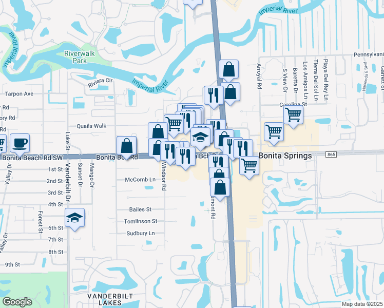 map of restaurants, bars, coffee shops, grocery stores, and more near 5220 Bonita Beach Road Southeast in Bonita Springs