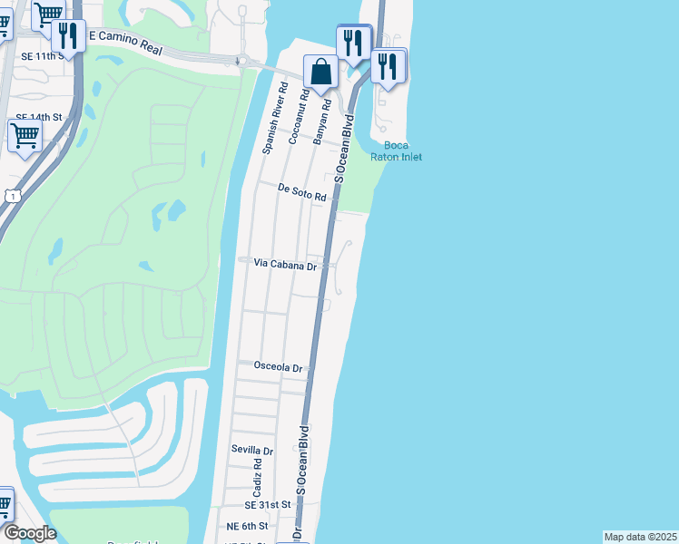 map of restaurants, bars, coffee shops, grocery stores, and more near 1299 Via Cabana in Boca Raton